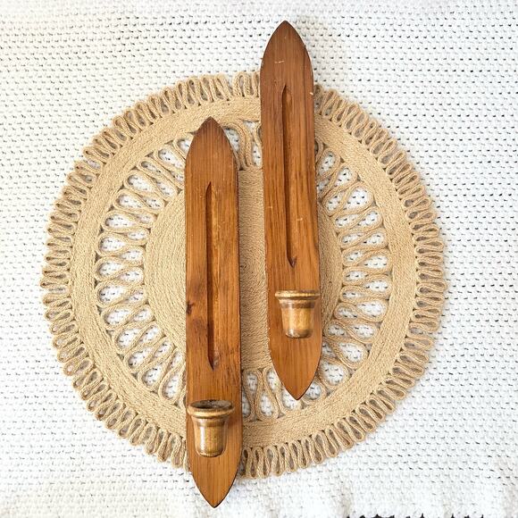 Danish Vintage MCM Wooden Wall Mount Sconces Set of 2 Candle Holders Primitive - Picture 1 of 10